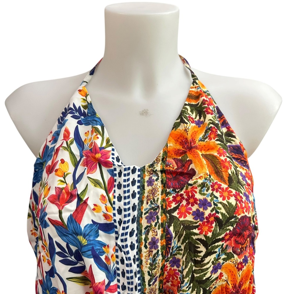 Farm Rio x Anthropologie Spliced Cami Tie Front Halter Top Tropical Print sz S - Picture 2 of 9